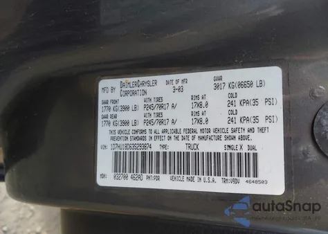 2003 Dodge Ram 1500 Slt/Laramie/St from USA, damaged, VIN 1D7HU18D63S293874